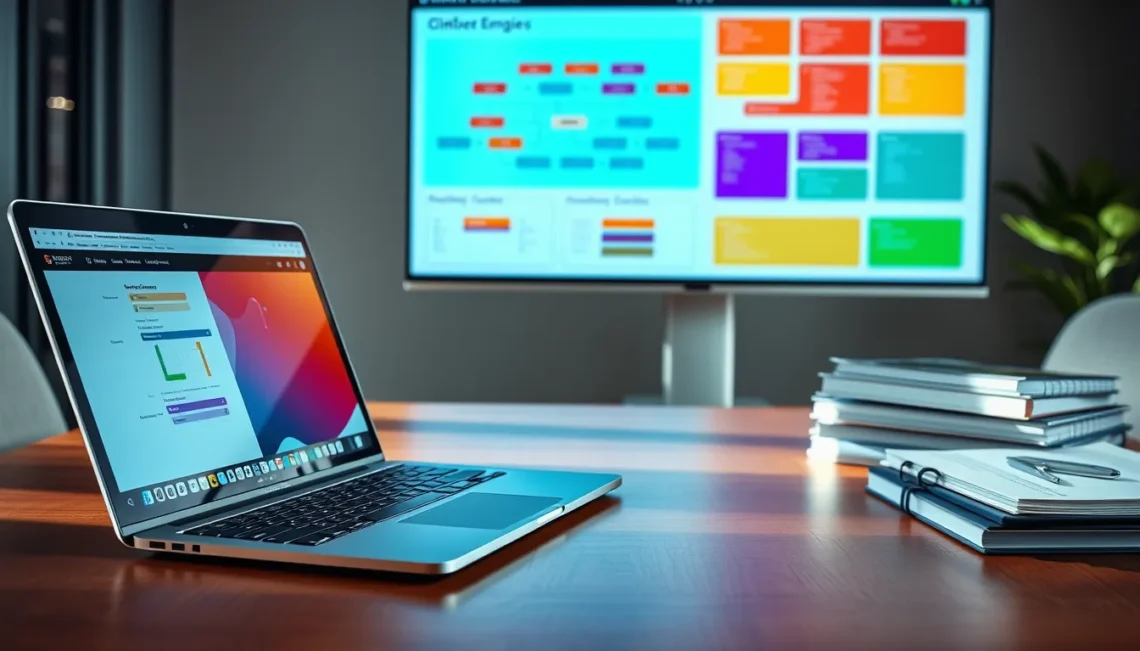Modern office desk with laptop, screen showing workflow diagram, notebooks, natural light.