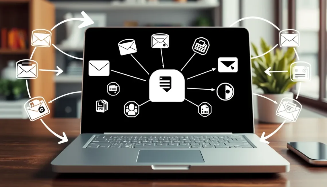 Laptop screen shows interconnected email, spreadsheet, CRM icons with arrows illustrating data flow.