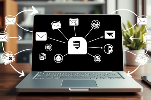 Laptop screen shows interconnected email, spreadsheet, CRM icons with arrows illustrating data flow.