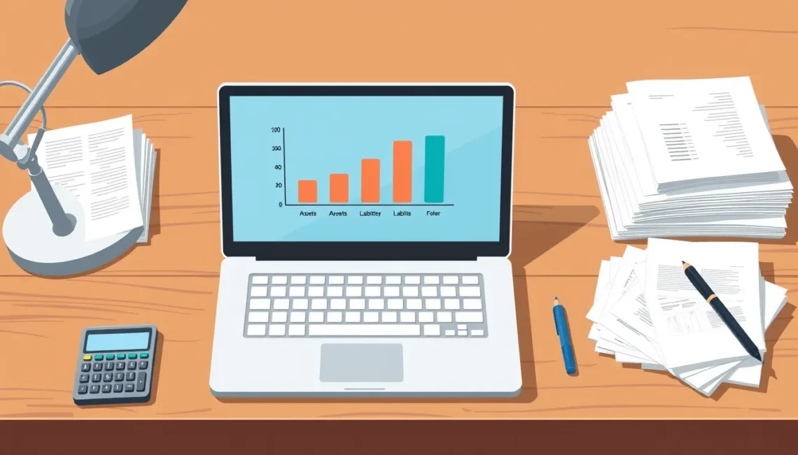 Desk with laptop showing bar chart, calculator, pen, documents
