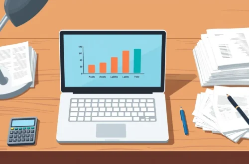 Desk with laptop showing bar chart, calculator, pen, documents