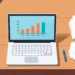 Desk with laptop showing bar chart, calculator, pen, documents